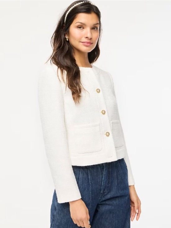J. Crew Factory Jackets & Blazers - J.Crew Factory Womens Ivory Tweed Lady Jacket BW284 Preppy Pocket 16 Pearl Chain
